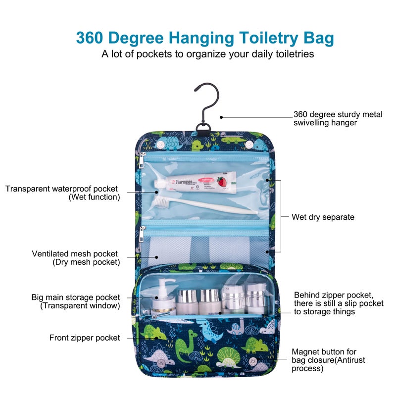 Eudora Hanging Travel Kids Toiletry Bag for Boys  Waterproof Travel Organizer  Cute Dinosaur Snake Cartoon Cosmetic Bath Bag with 360 Rotatable Hook (Blue) - Image 3